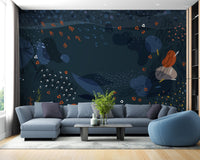 Blue modern abstract floral wallpaper mural, A179