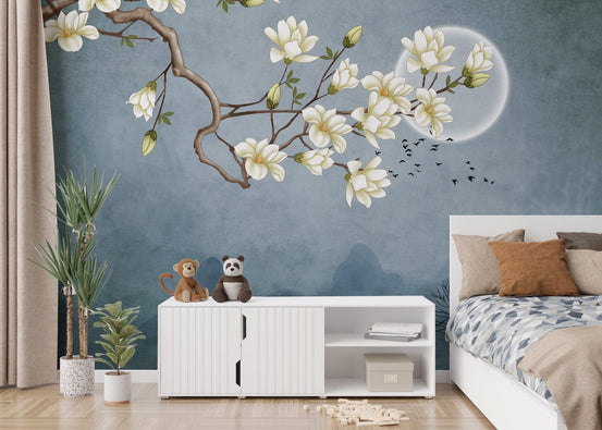 Blue Moon and White Flower Wallpaper Murals B117