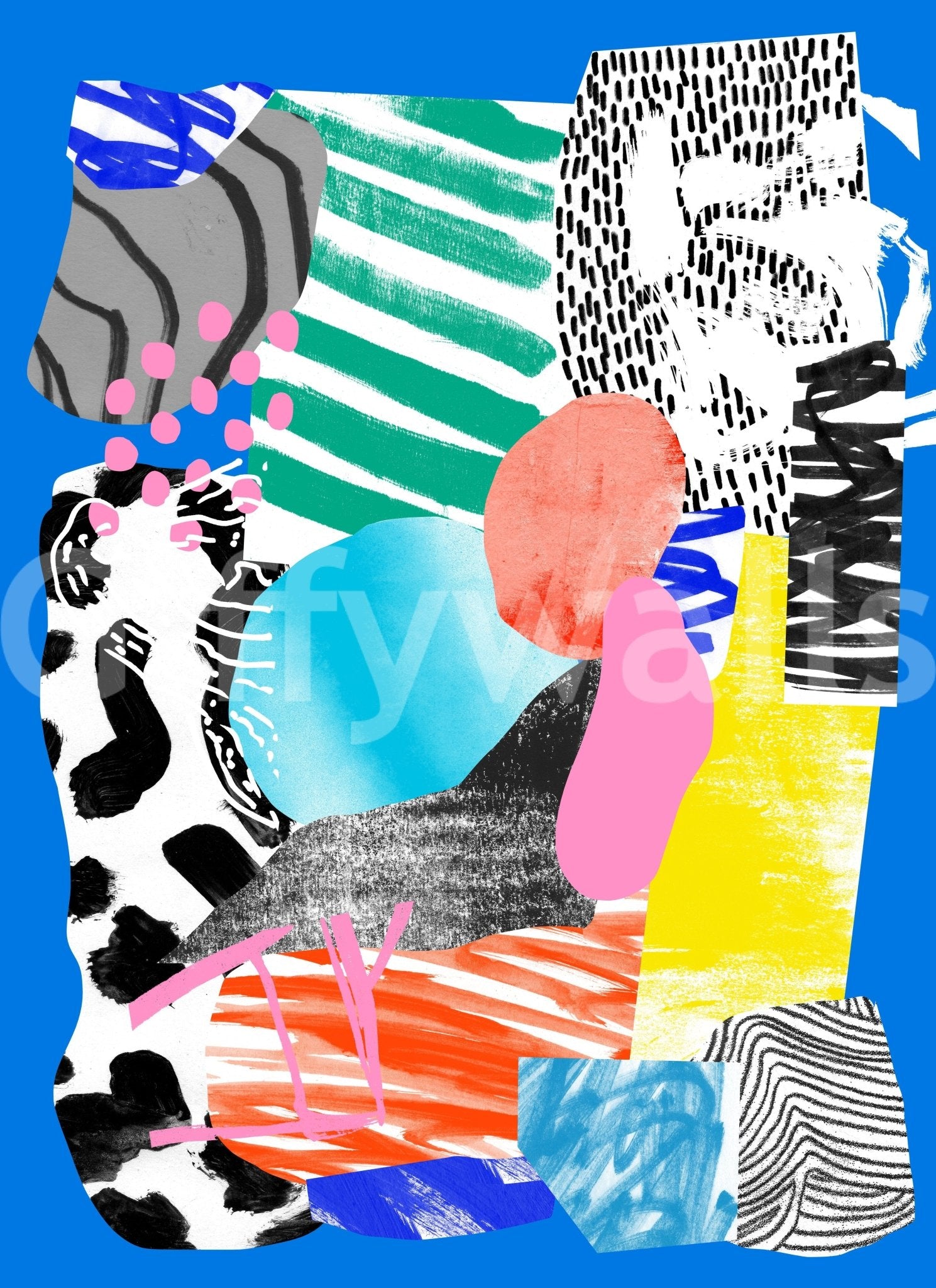 Minimalist space with blue-toned wall mural

