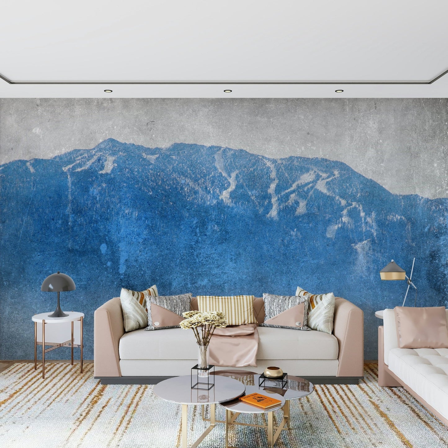 A peaceful open country mural on decorative wallpaper.