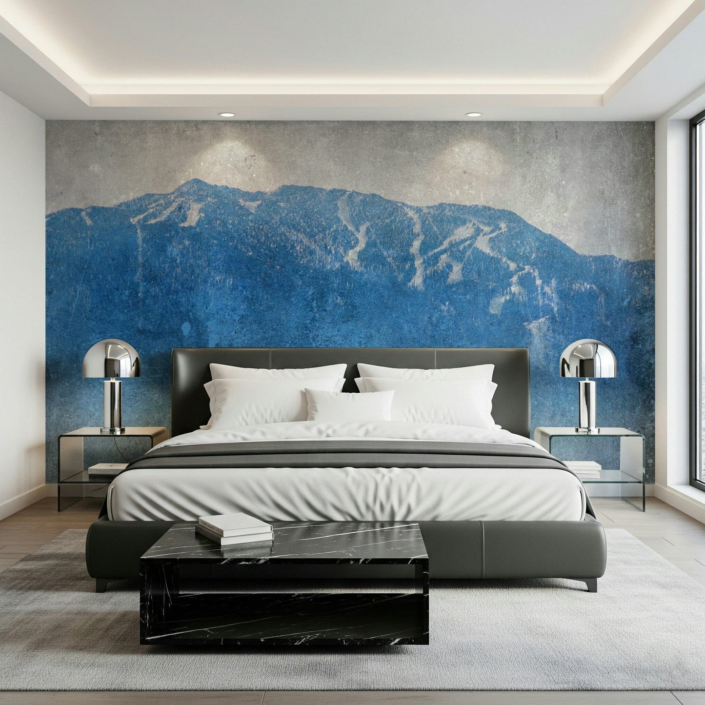 An artistic scenic landscape mural on minimalist wallpaper.