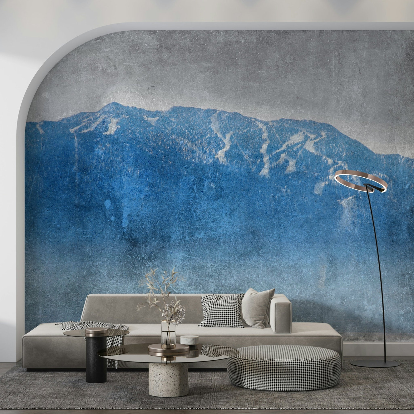 A beautiful blue mountain wallpaper mural with subtle, hazy layers.