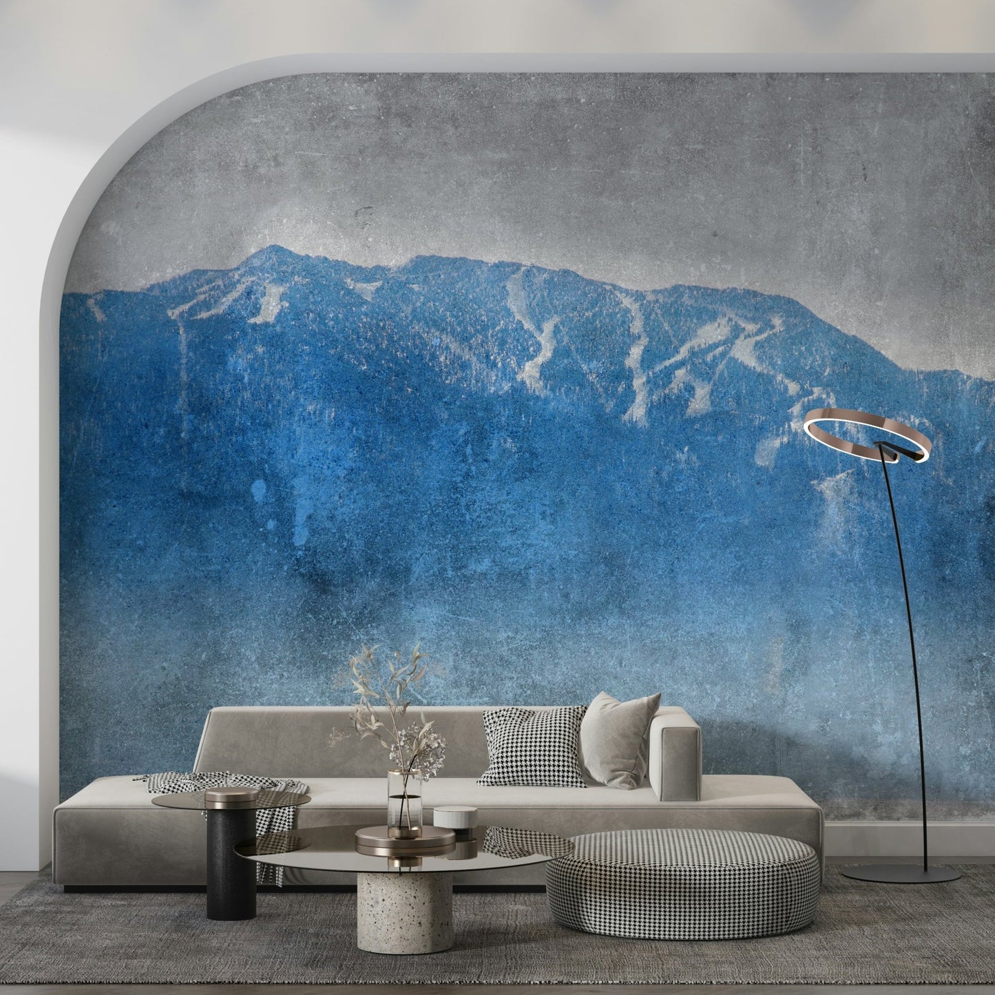 A beautiful blue mountain wallpaper mural with subtle, hazy layers.