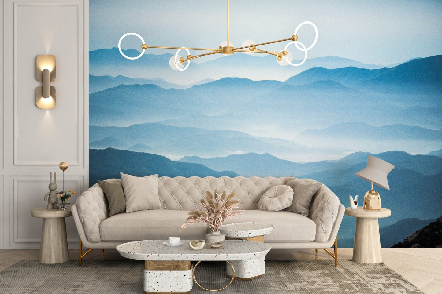 Ombre mountain mural to enhance room depth
