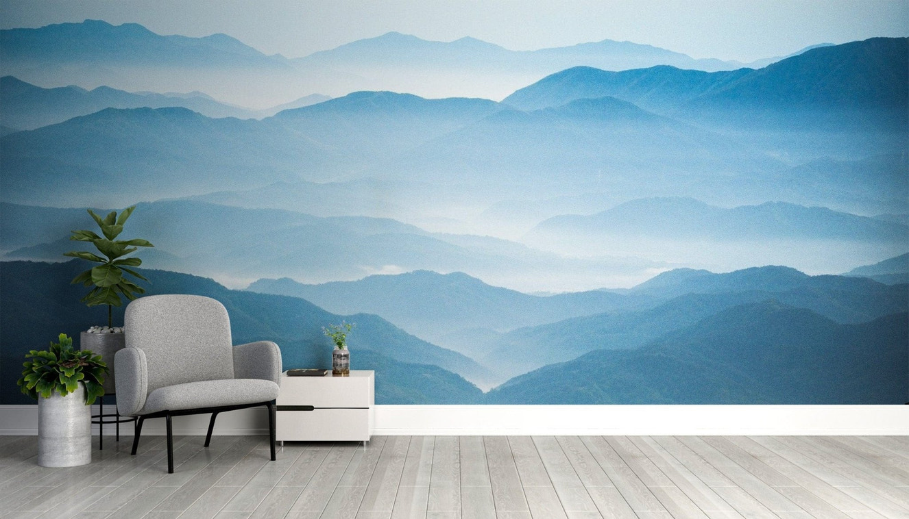 Serene blue mountain wallpaper for calm decor
