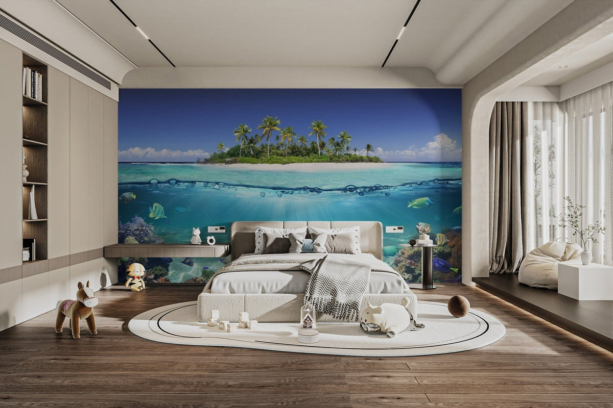 Serene blue ocean wallpaper mural with a tropical island view. sea-02