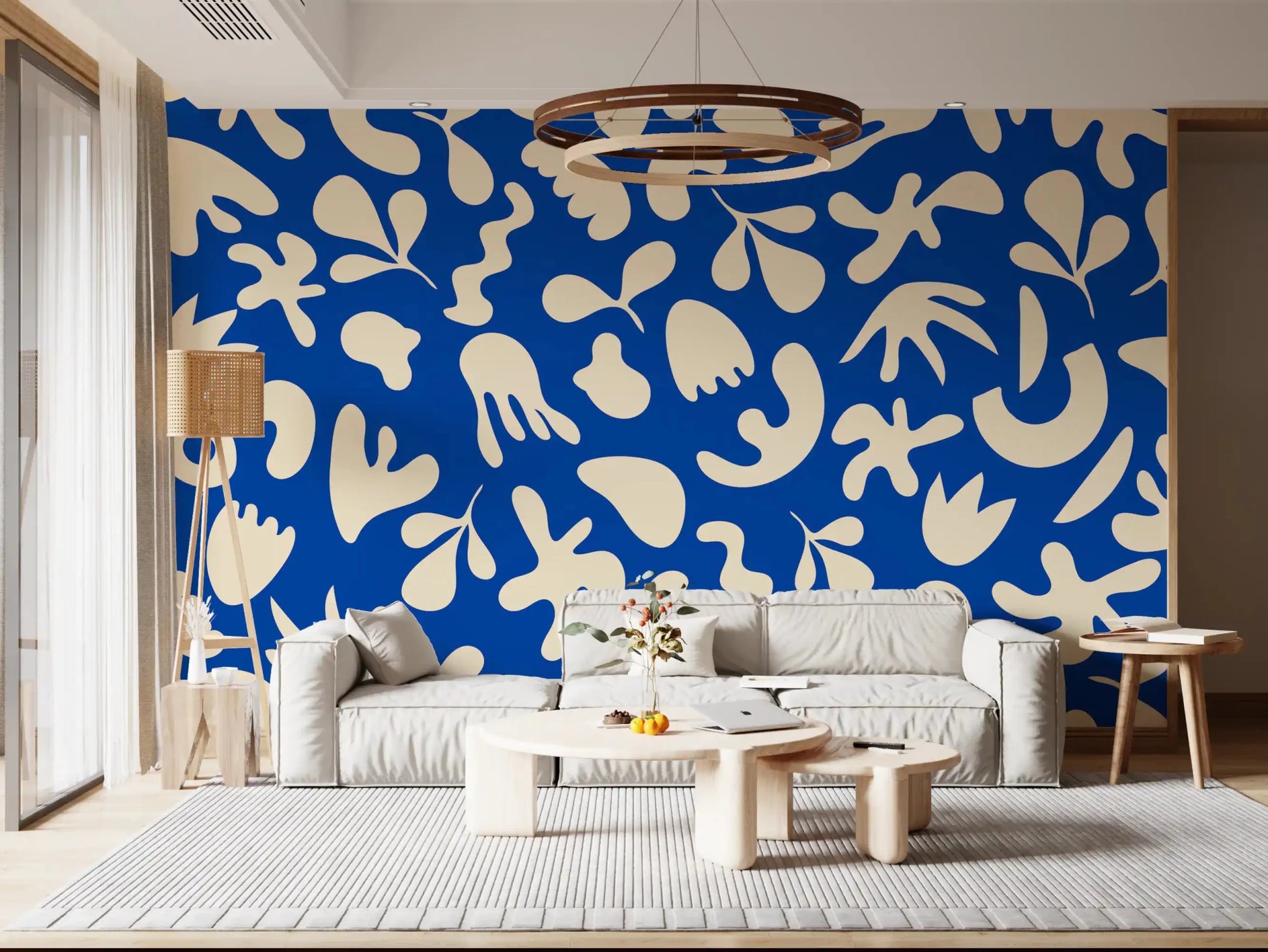 Living room with Blue Organic Flow wall mural in bold contrast