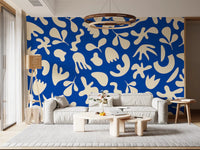 Living room with Blue Organic Flow wall mural in bold contrast