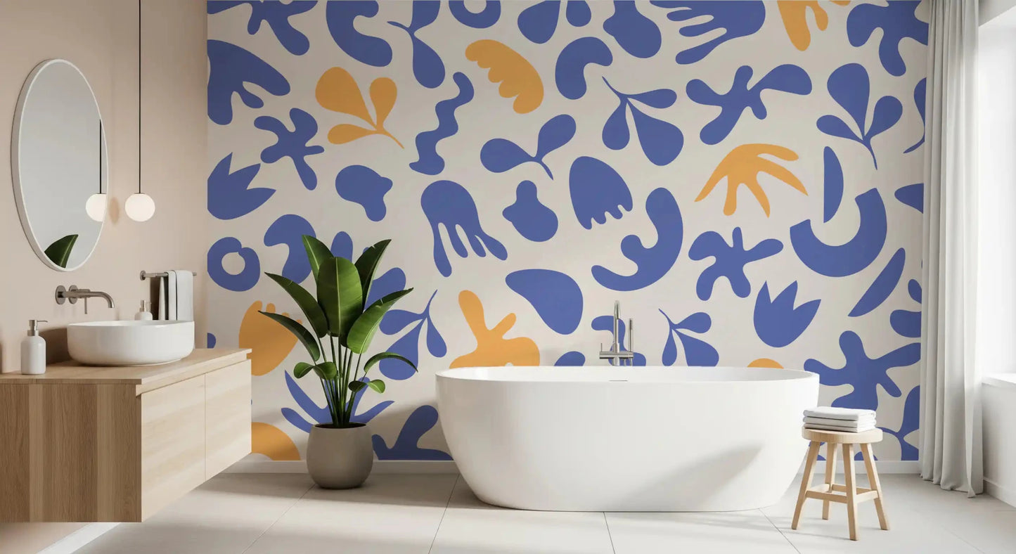 Scattered cutout motifs define Blue Organic wall mural style, GD9316