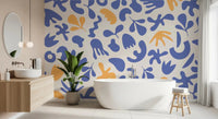Scattered cutout motifs define Blue Organic wall mural style, GD9316