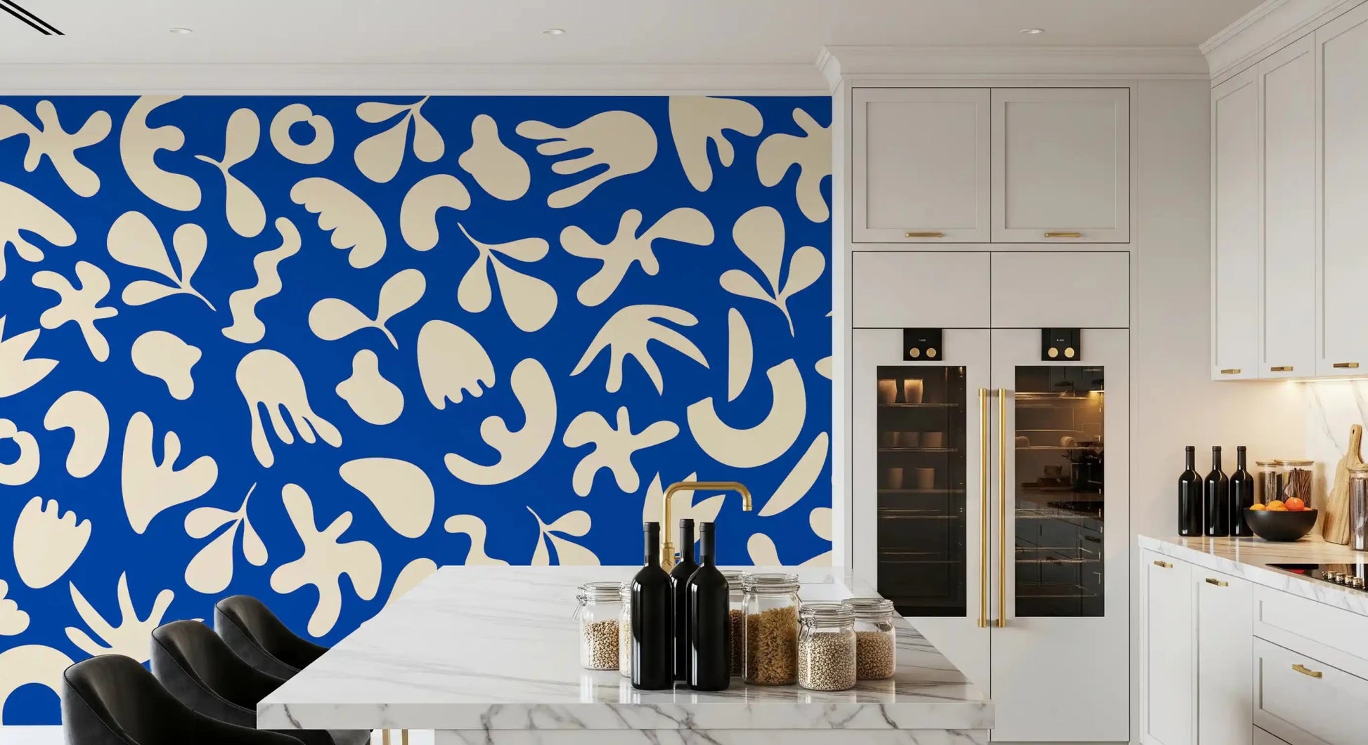 Dining area finished with Blue Organic wall mural in graphic style