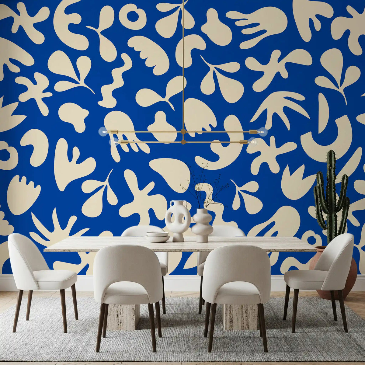 Dining room wall featuring Blue Flow wall mural and abstract foliage, GD9319