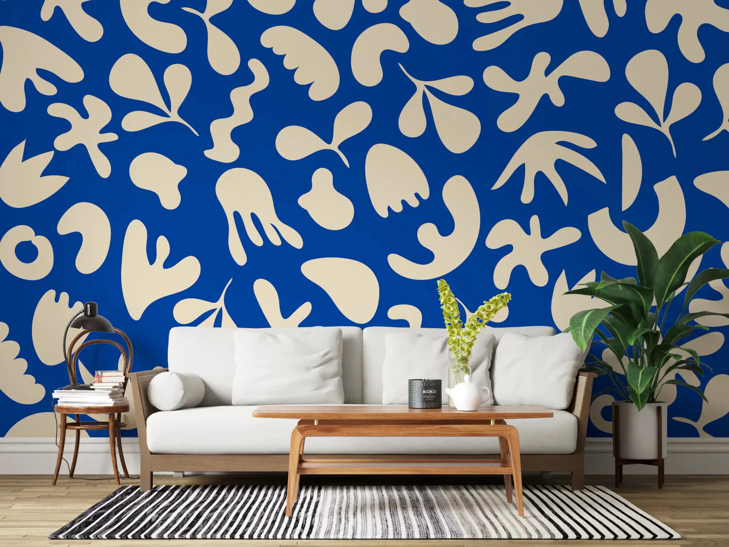 Hallway styled in Organic Flow wall mural with blue cutout forms