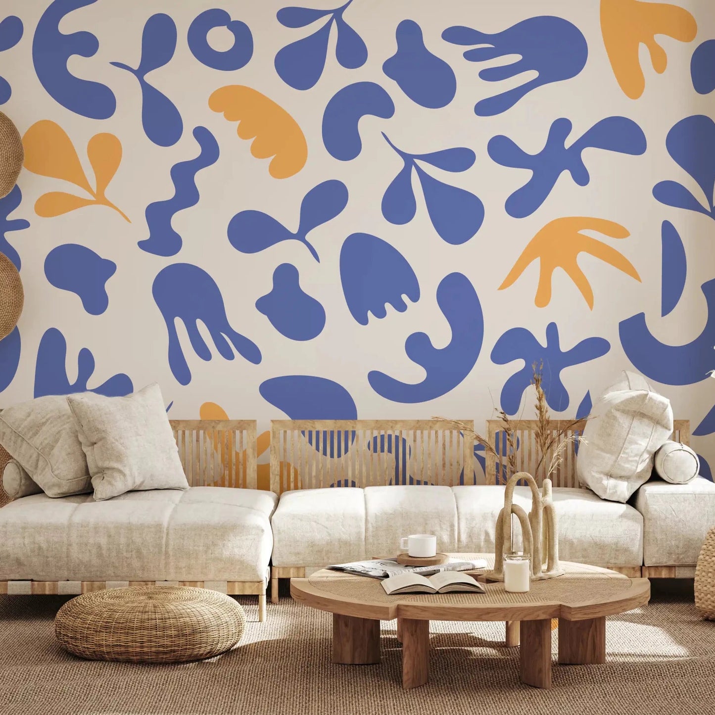 Blue and ochre shapes across Organic Flow wall mural design, GD9316