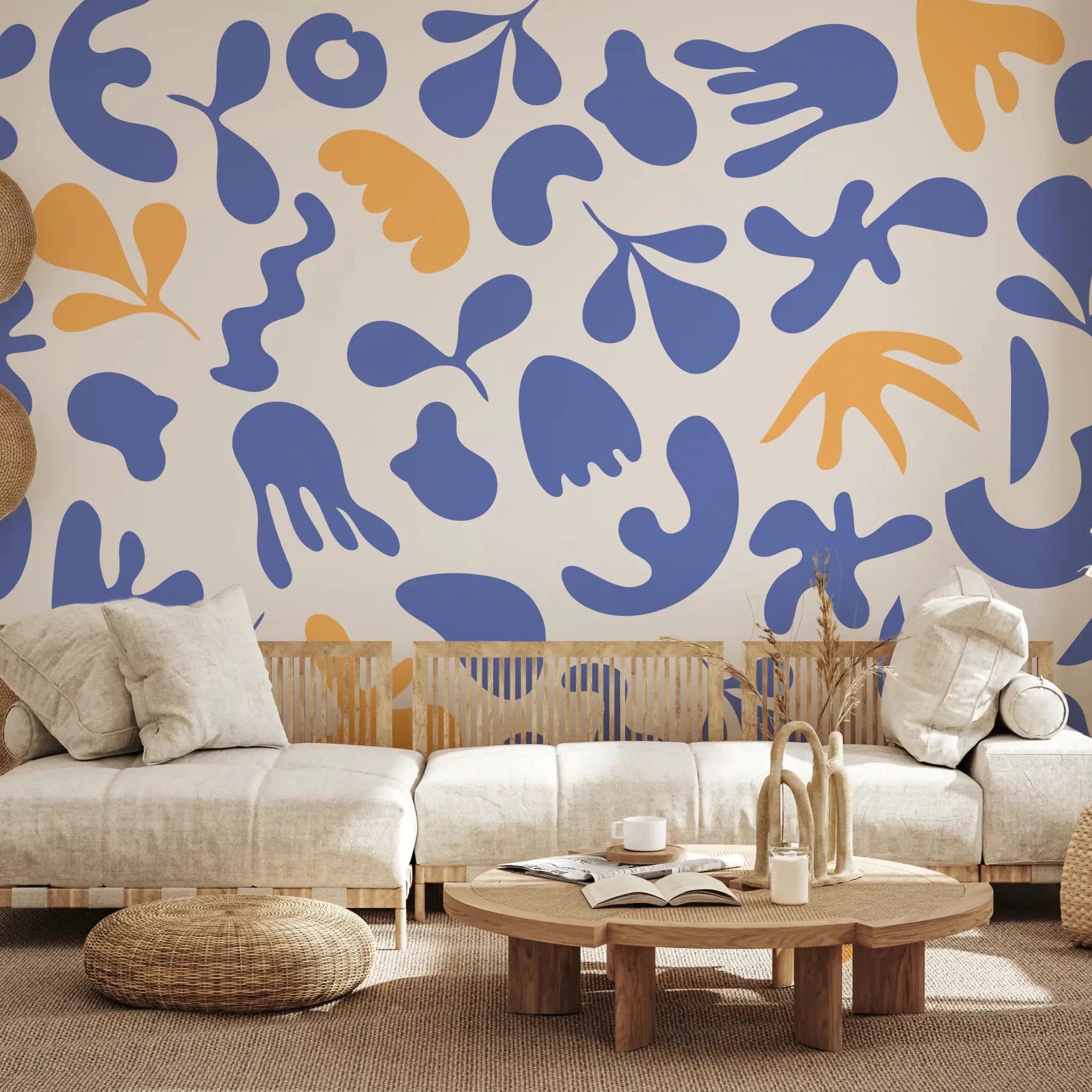 Blue and ochre shapes across Organic Flow wall mural design, GD9316