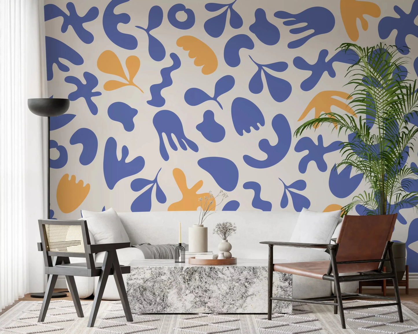 Abstract foliage look in Blue Flow wall mural with airy spacing, GD9316