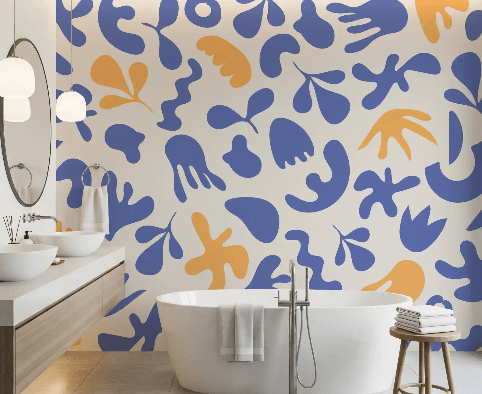 Bathroom with Blue Organic Flow wall mural in blue and ochre, GD9316