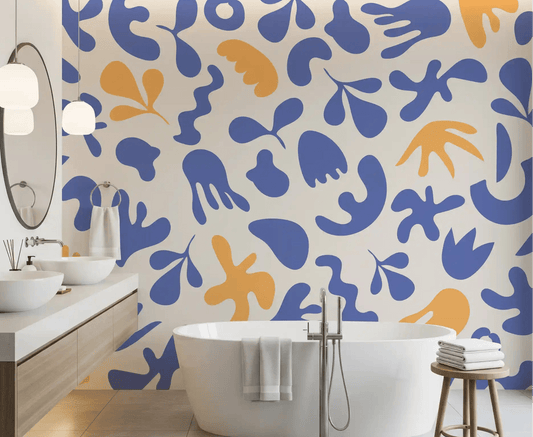 Bathroom with Blue Organic Flow wall mural in blue and ochre