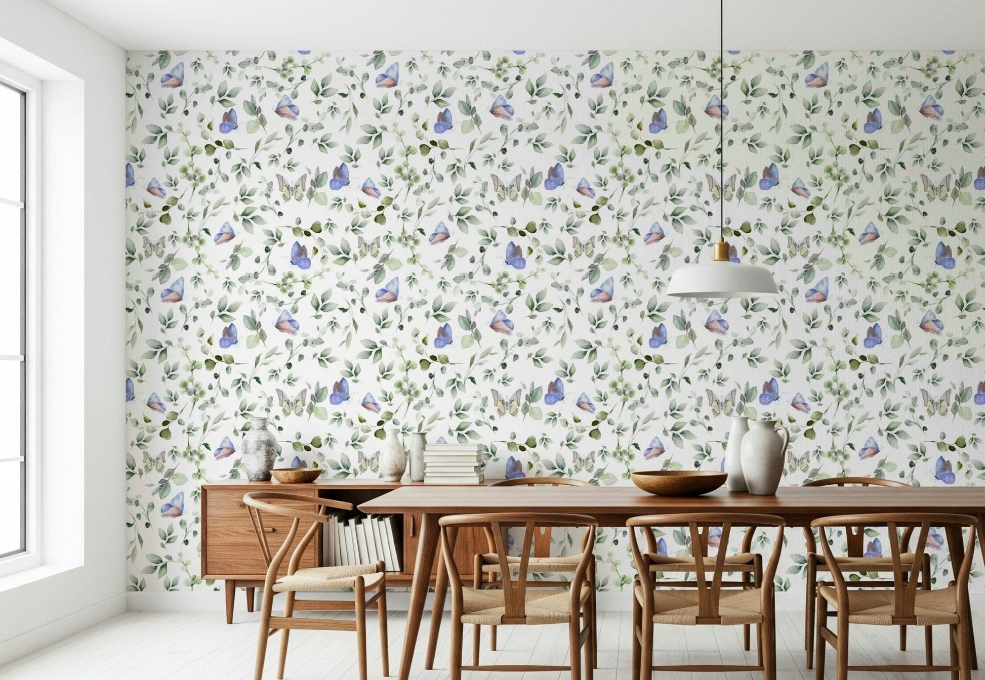 Blue Pastel Butterfly Garden Wallpaper as a feature wall in a contemporary dining space., GD7684