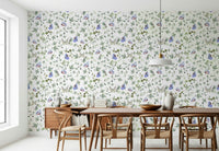 Blue Pastel Butterfly Garden Wallpaper as a feature wall in a contemporary dining space., GD7684