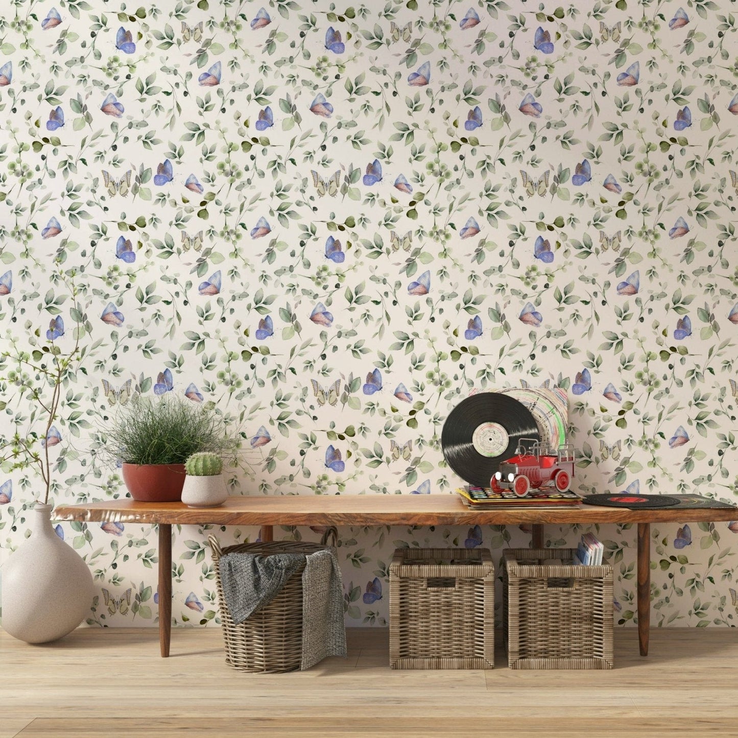 Soft blue butterfly pattern wall mural for a kids bedroom with white furniture., GD7684