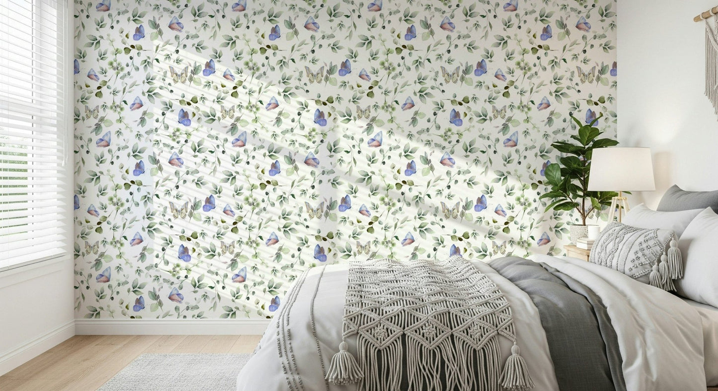 Blue Pastel Butterfly Garden Wallpaper behind a white wooden bed frame., GD7684