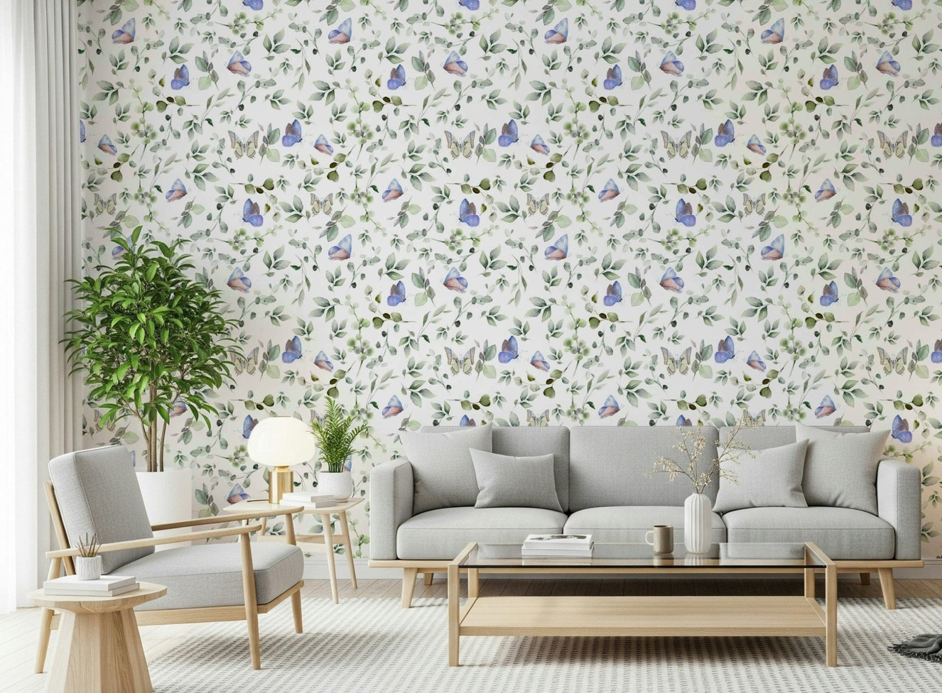 Botanical butterfly print wallpaper for a stylish apartment balcony area.