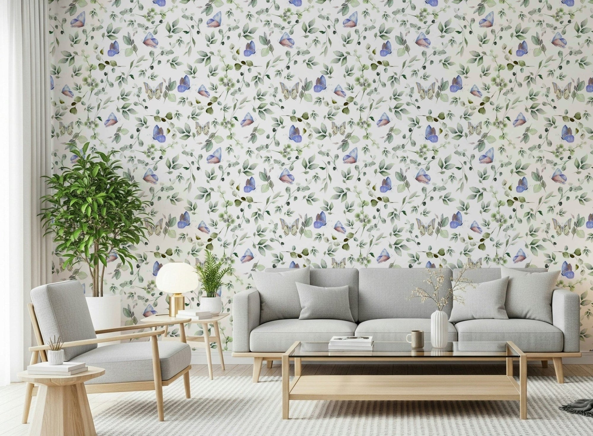 Botanical butterfly print wallpaper for a stylish apartment balcony area., GD7684