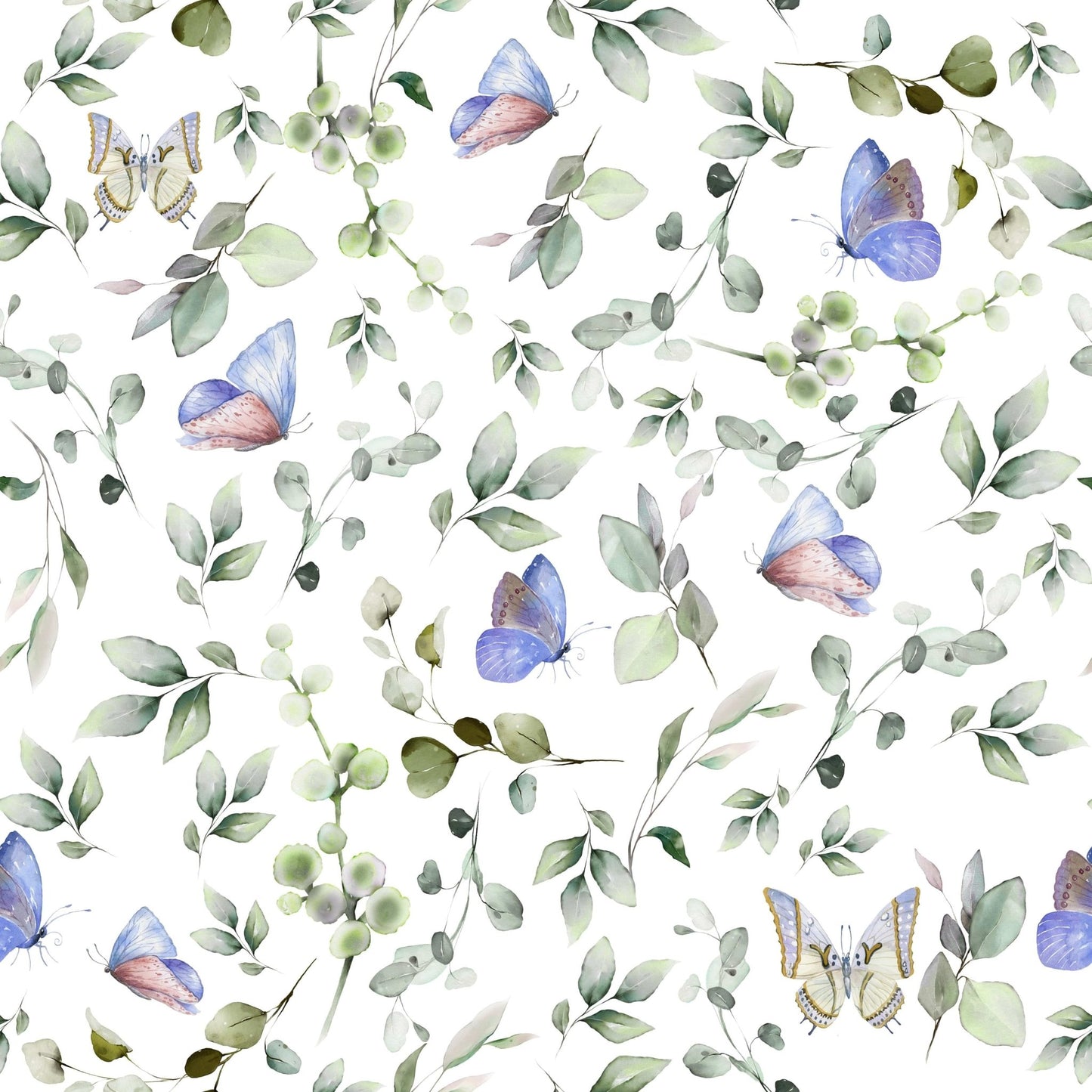 Blue Pastel Butterfly Garden Wallpaper in a bright and airy nursery., GD7684