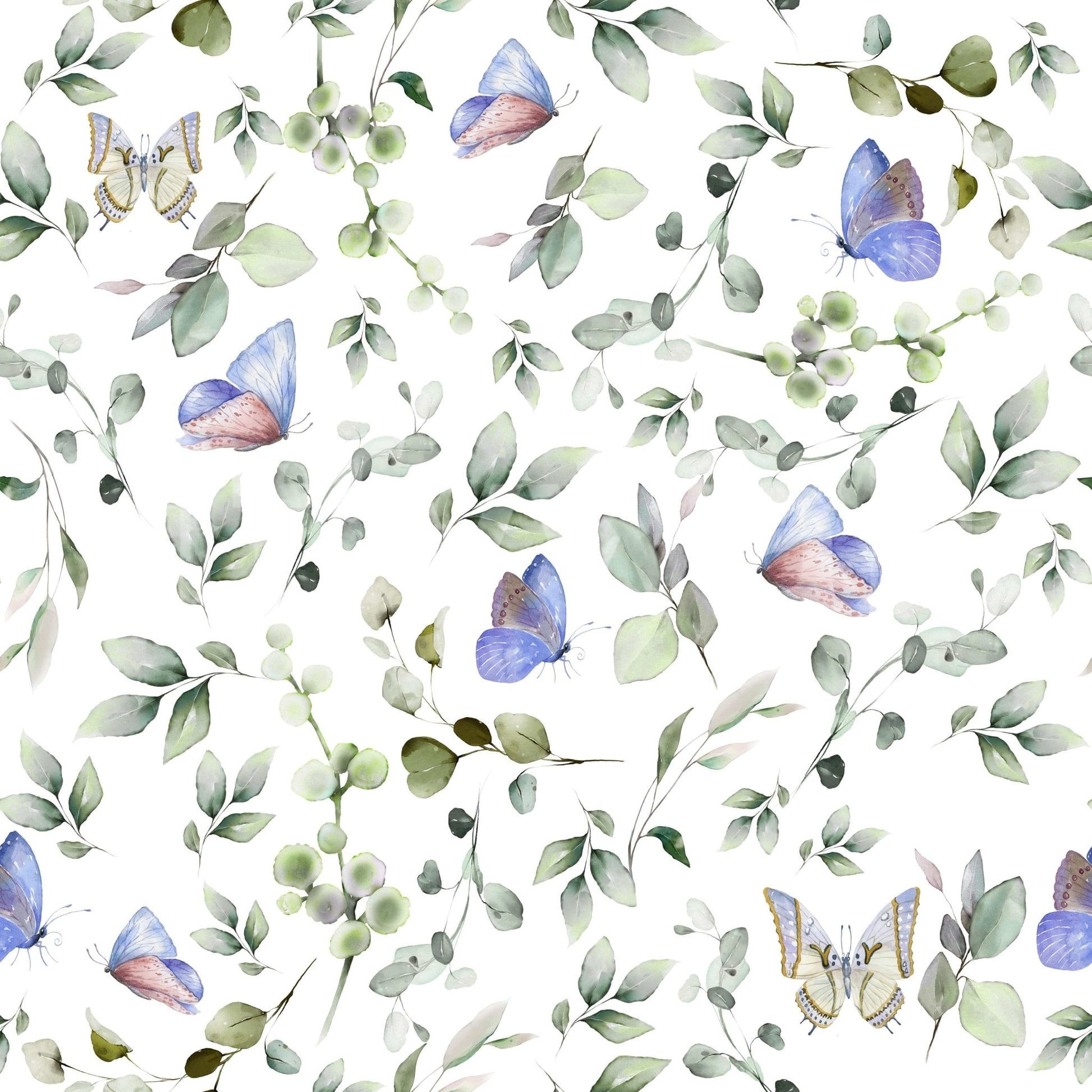 Blue Pastel Butterfly Garden Wallpaper in a bright and airy nursery., GD7684