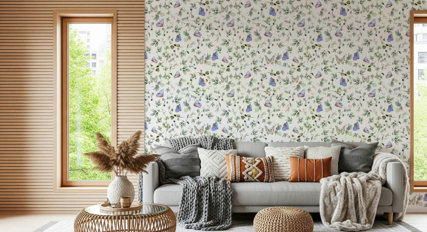 Subtle blue butterfly wall mural for a guest room with neutral linens., GD7684