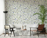 Soft blue wall covering with butterfly motifs in a wide hallway., GD7684