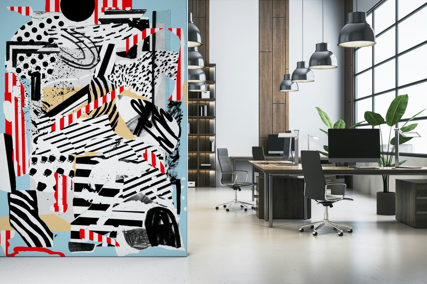 A graceful subtle pattern wall mural in cool, blue and white tones.