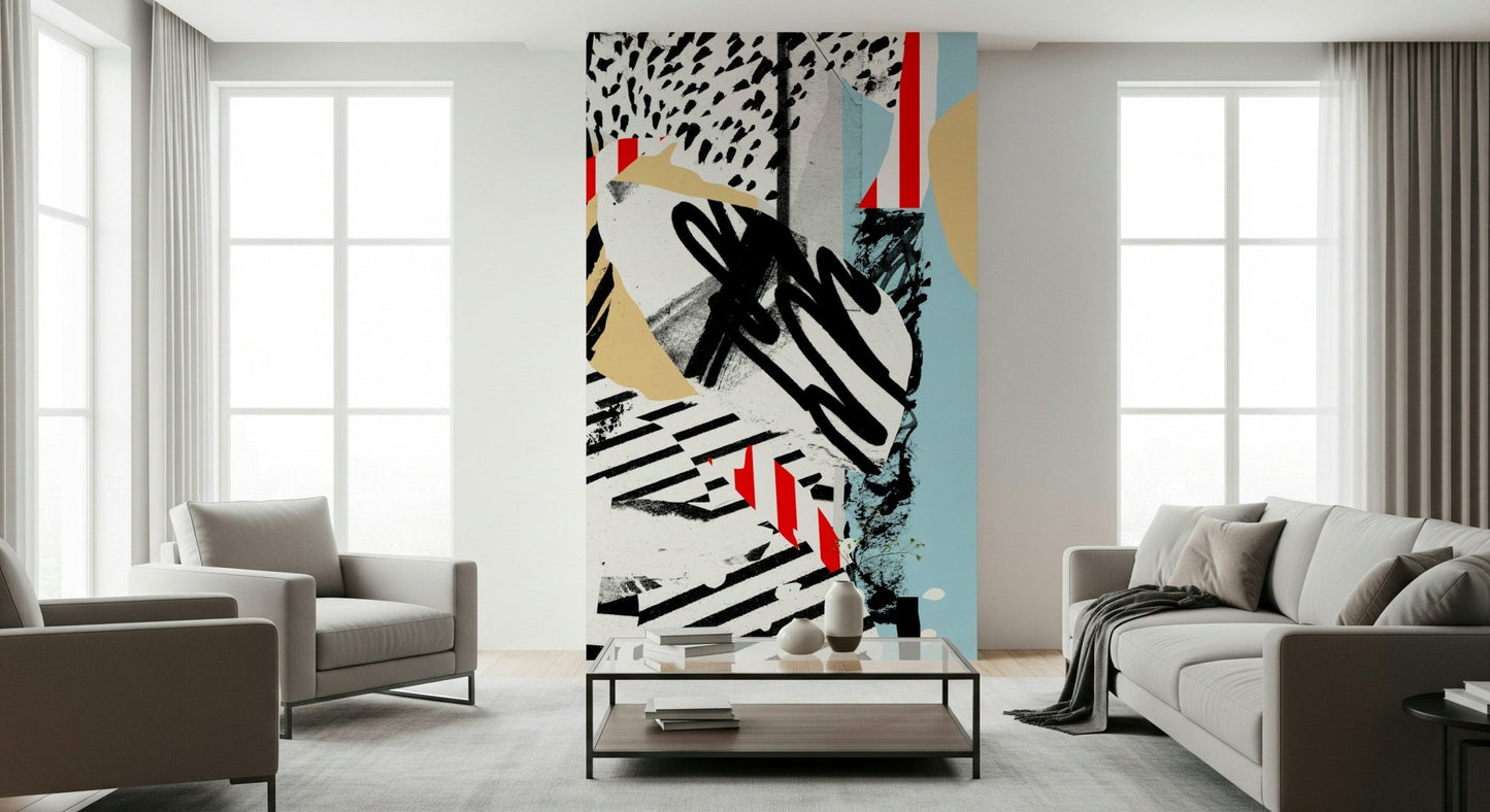 A peaceful modern abstract mural on decorative wallpaper.