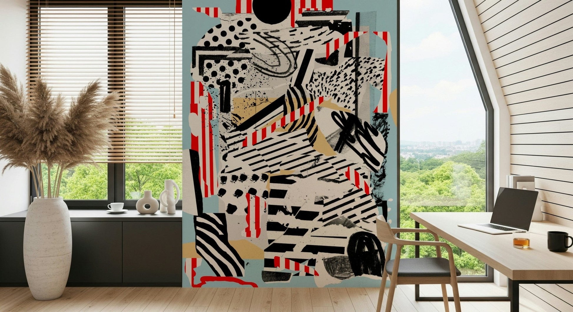 An artistic soft focus mural on minimalist wallpaper.