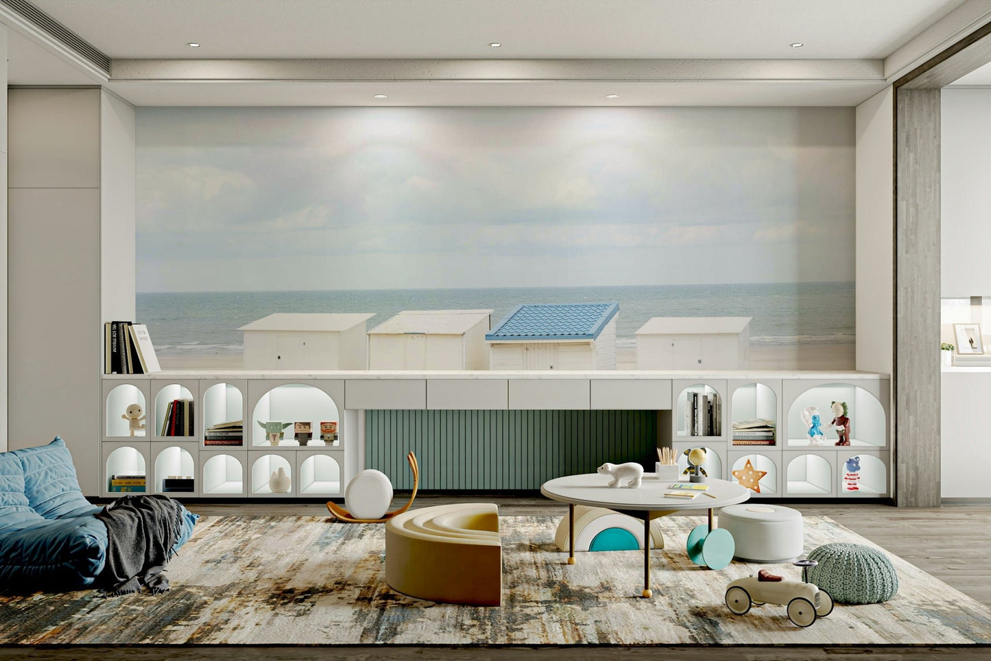 Oceanfront blue roof white hut

