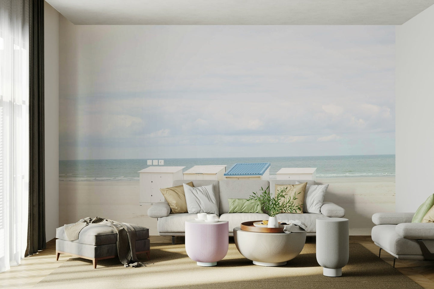 White beach cabin with blue top

