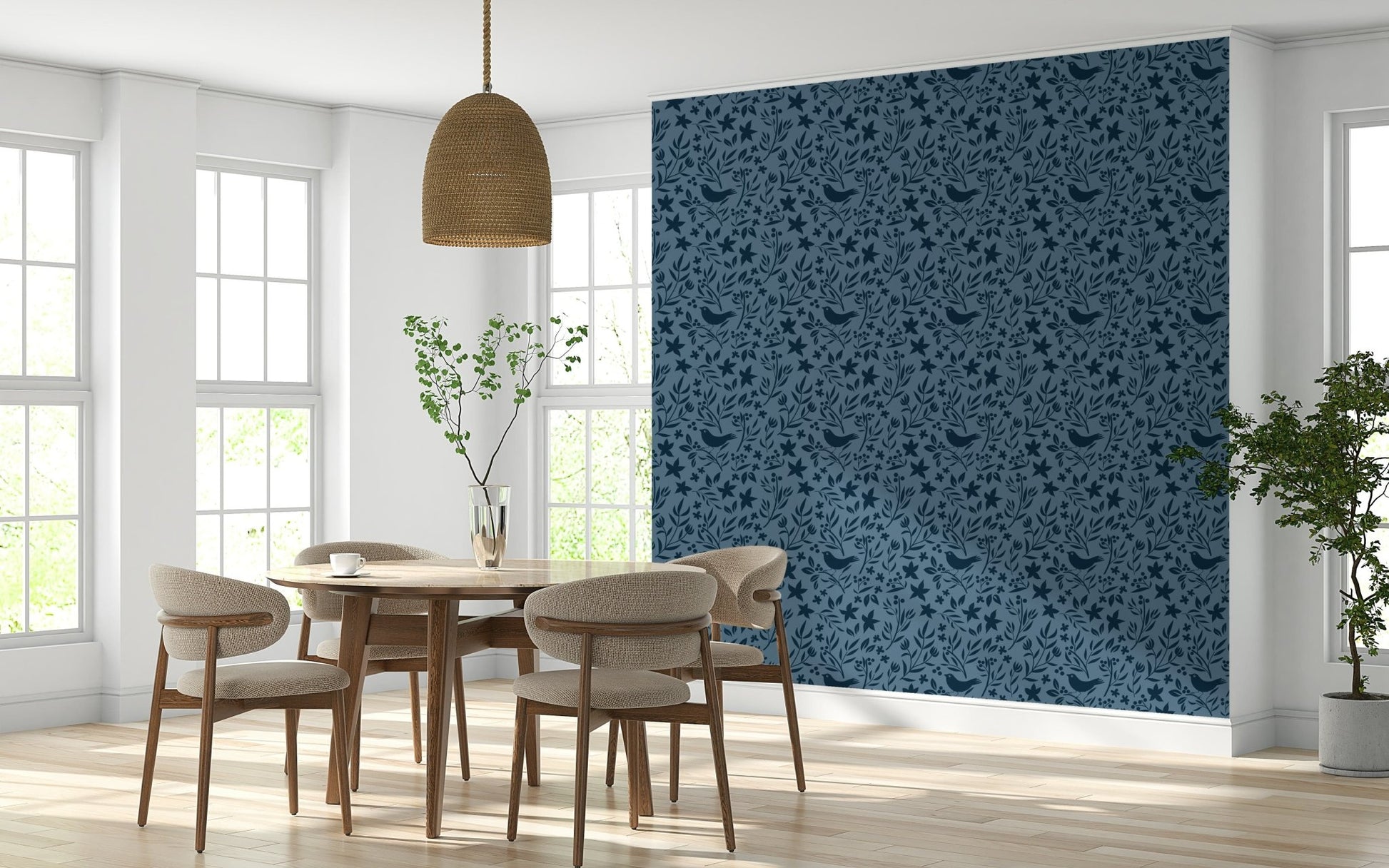 Serene Blue Scandinavian backdrop, simple repeating elements, home mural.