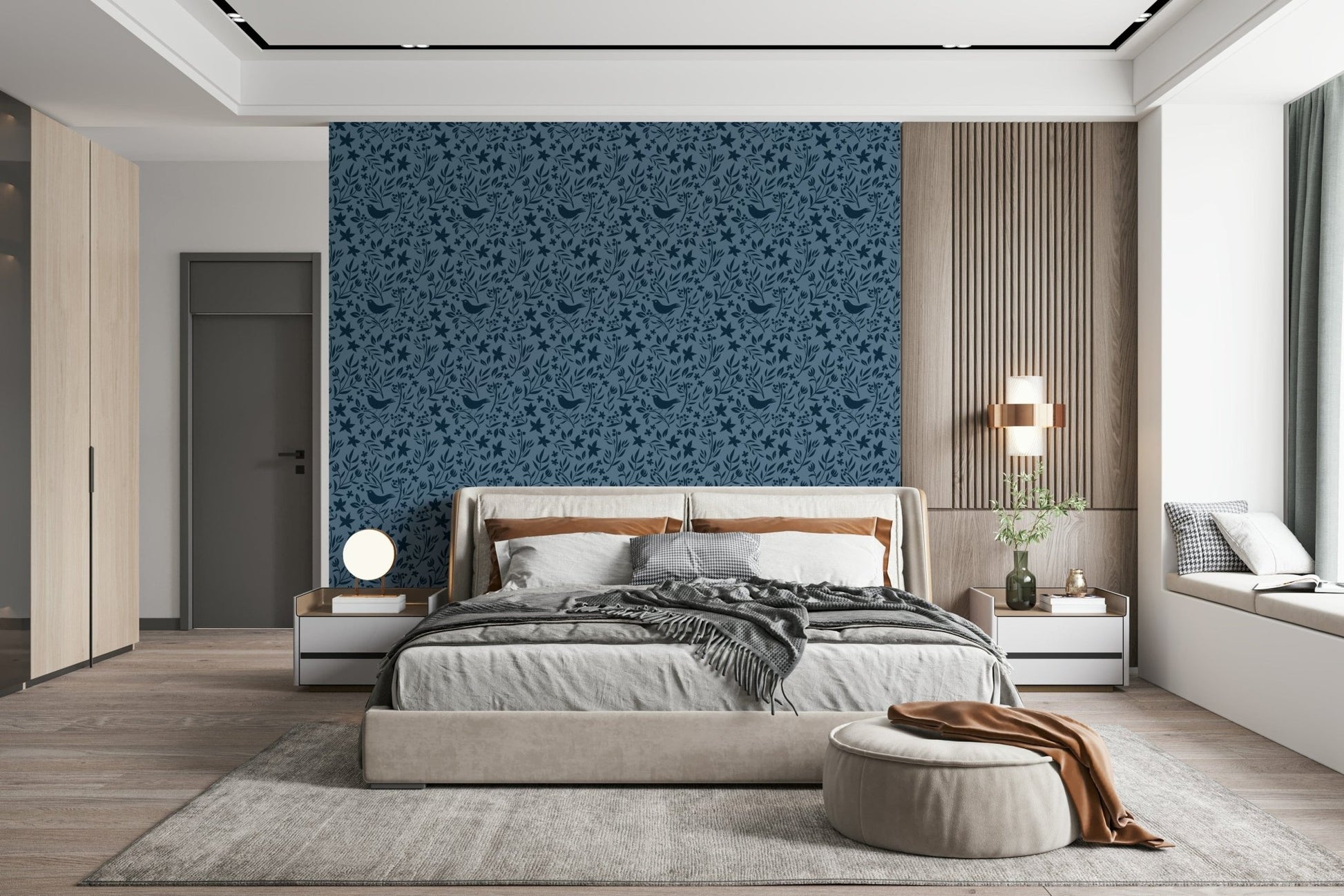 Cozy Blue Scandinavian wallpaper, quaint repeating pattern, lovely wall art.