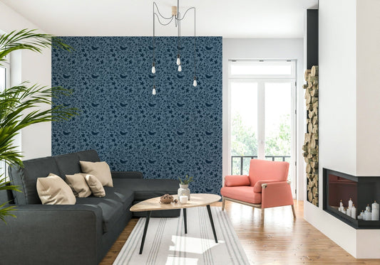Navy and slate Folk Bird Botanical design, detailed nature mural.