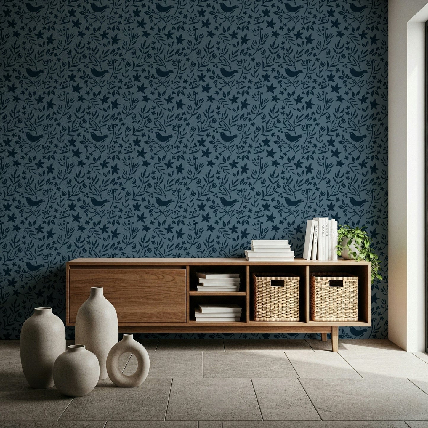 Peaceful Blue Scandinavian motif, harmonious bird and berry illustration wallpaper.