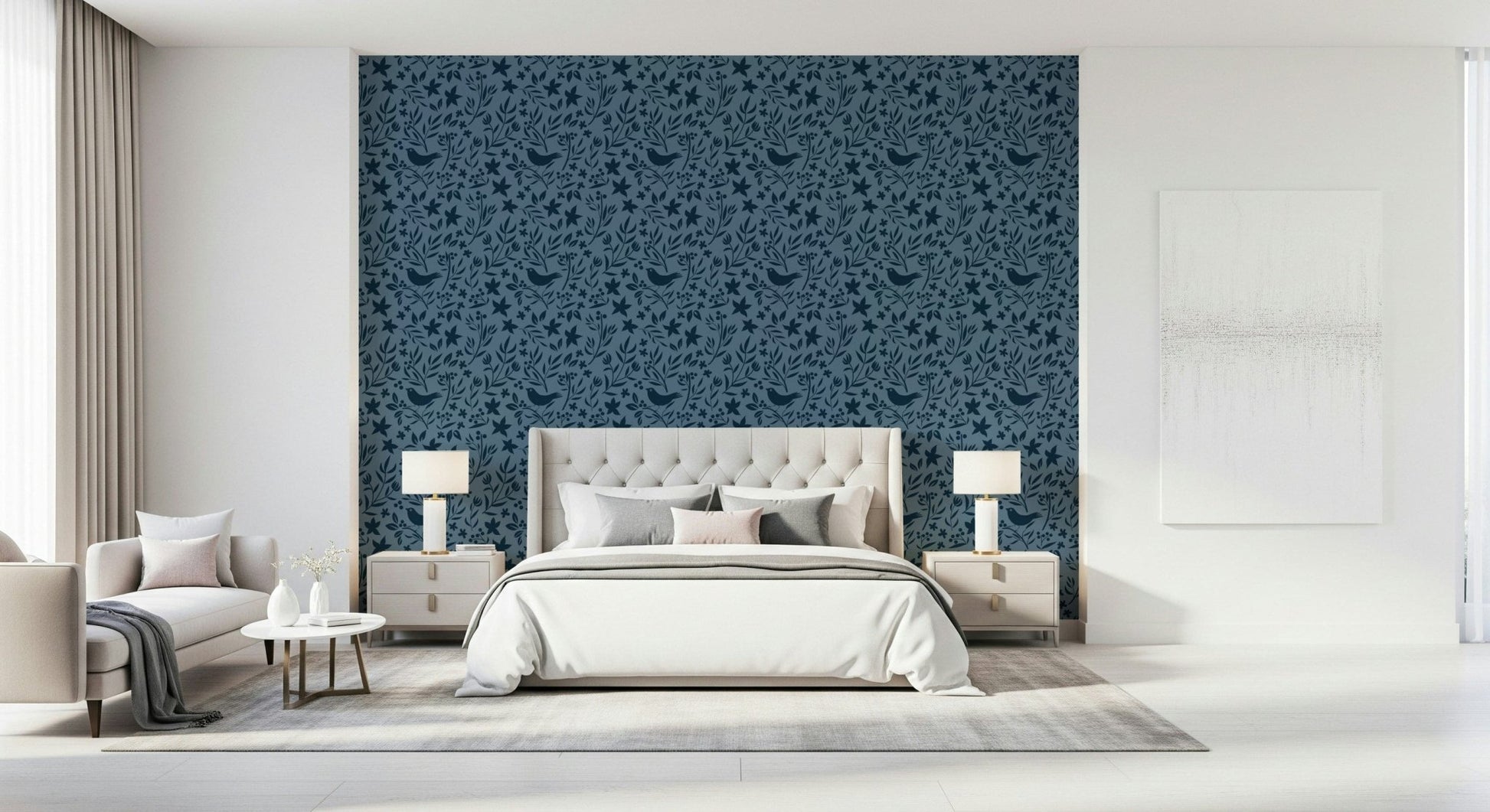 Calming Blue Scandinavian foliage, decorative bird pattern, textured wallpaper.