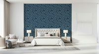 Calming Blue Scandinavian foliage, decorative bird pattern, textured wallpaper.