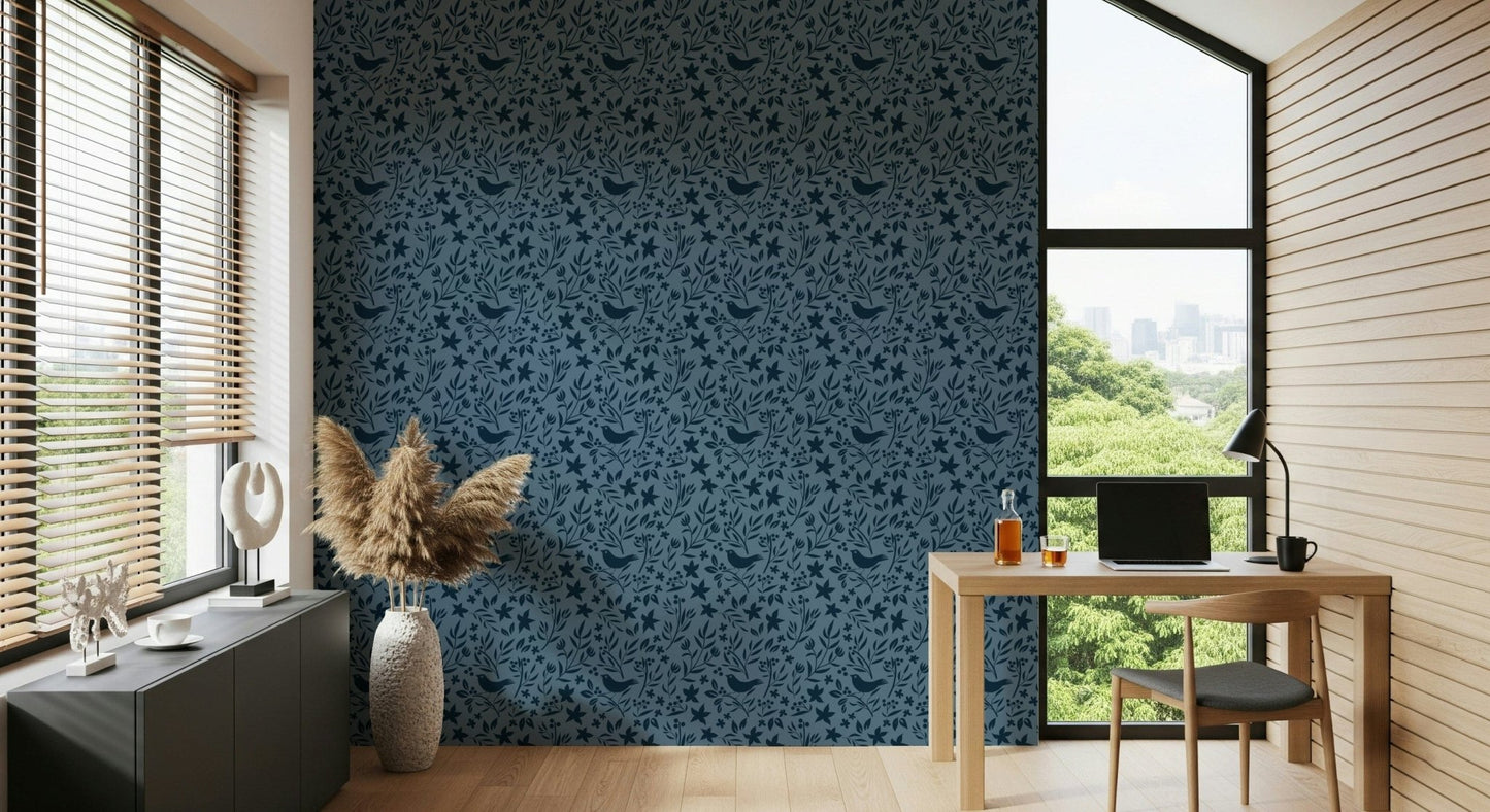 Rustic Blue Scandinavian decor, intricate berry branch pattern, unique mural.
