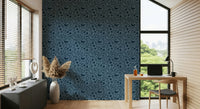 Rustic Blue Scandinavian decor, intricate berry branch pattern, unique mural.