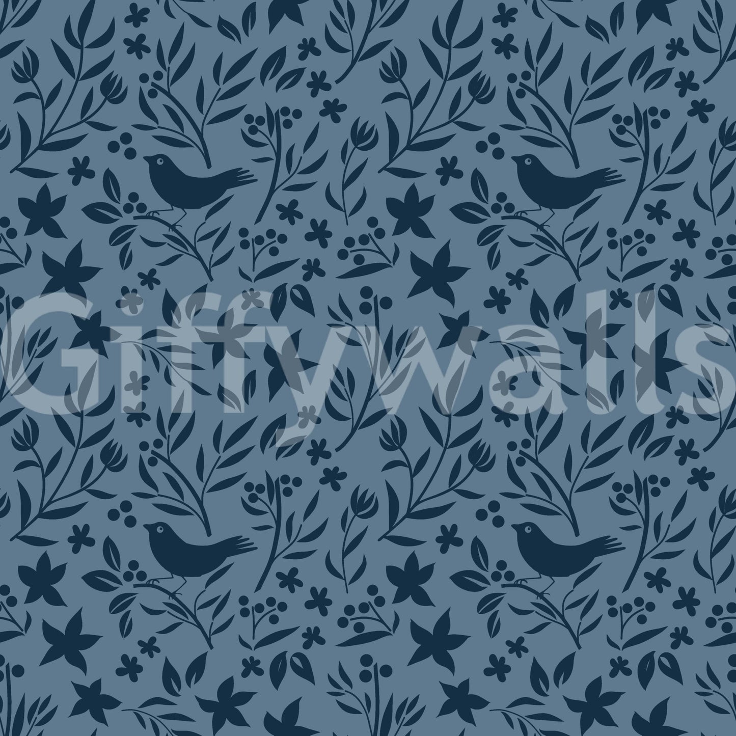 Wonderful Folk Bird Botanical silhouette, artistic repeat design, striking wallpaper.