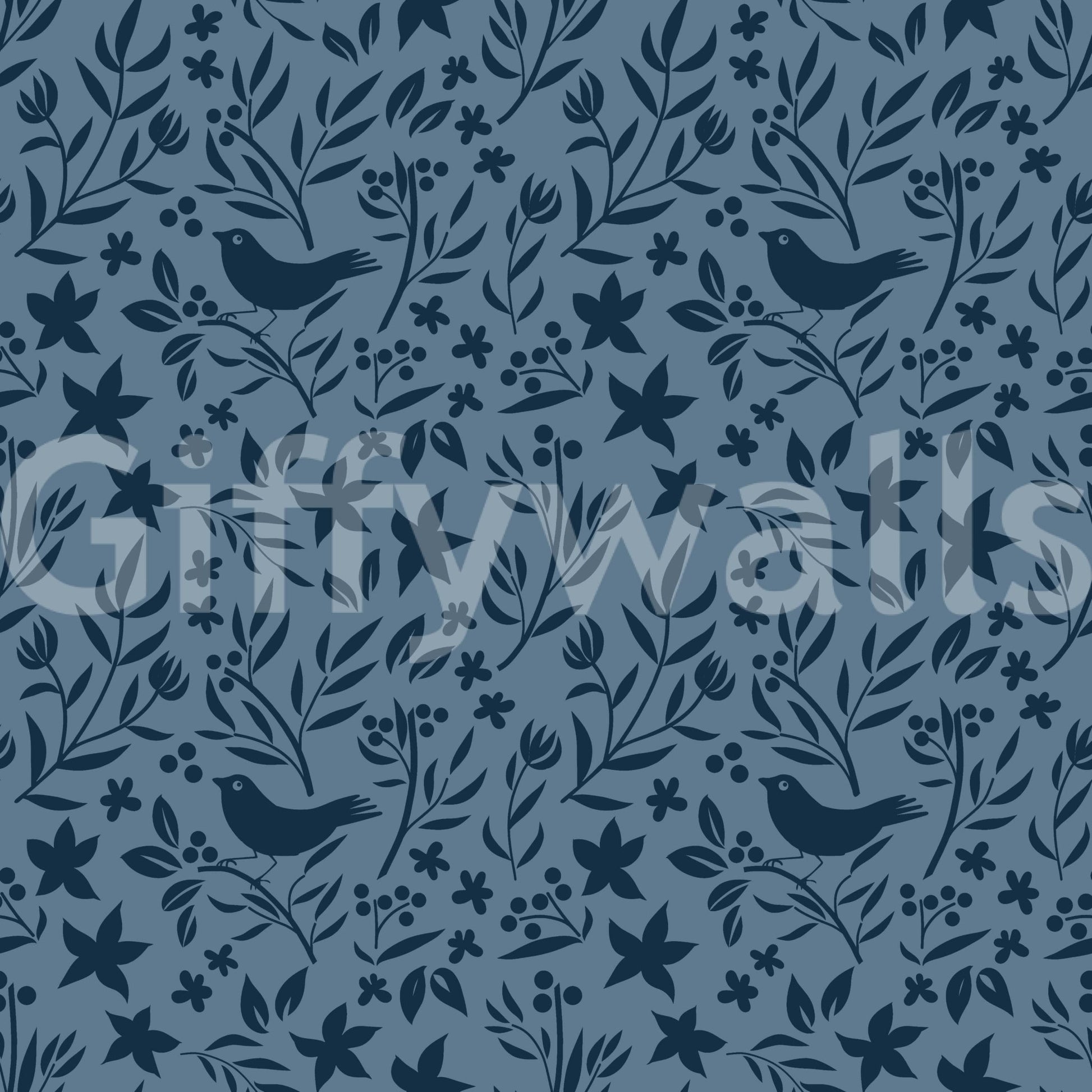 Wonderful Folk Bird Botanical silhouette, artistic repeat design, striking wallpaper.