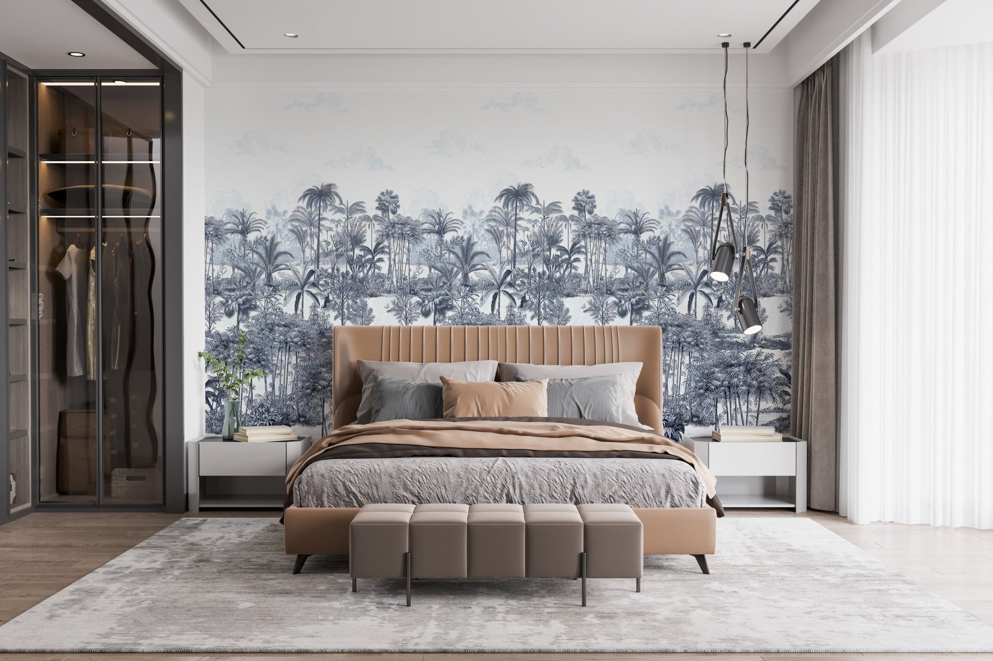 Blue shades palm trees wallpaper mural design A442
