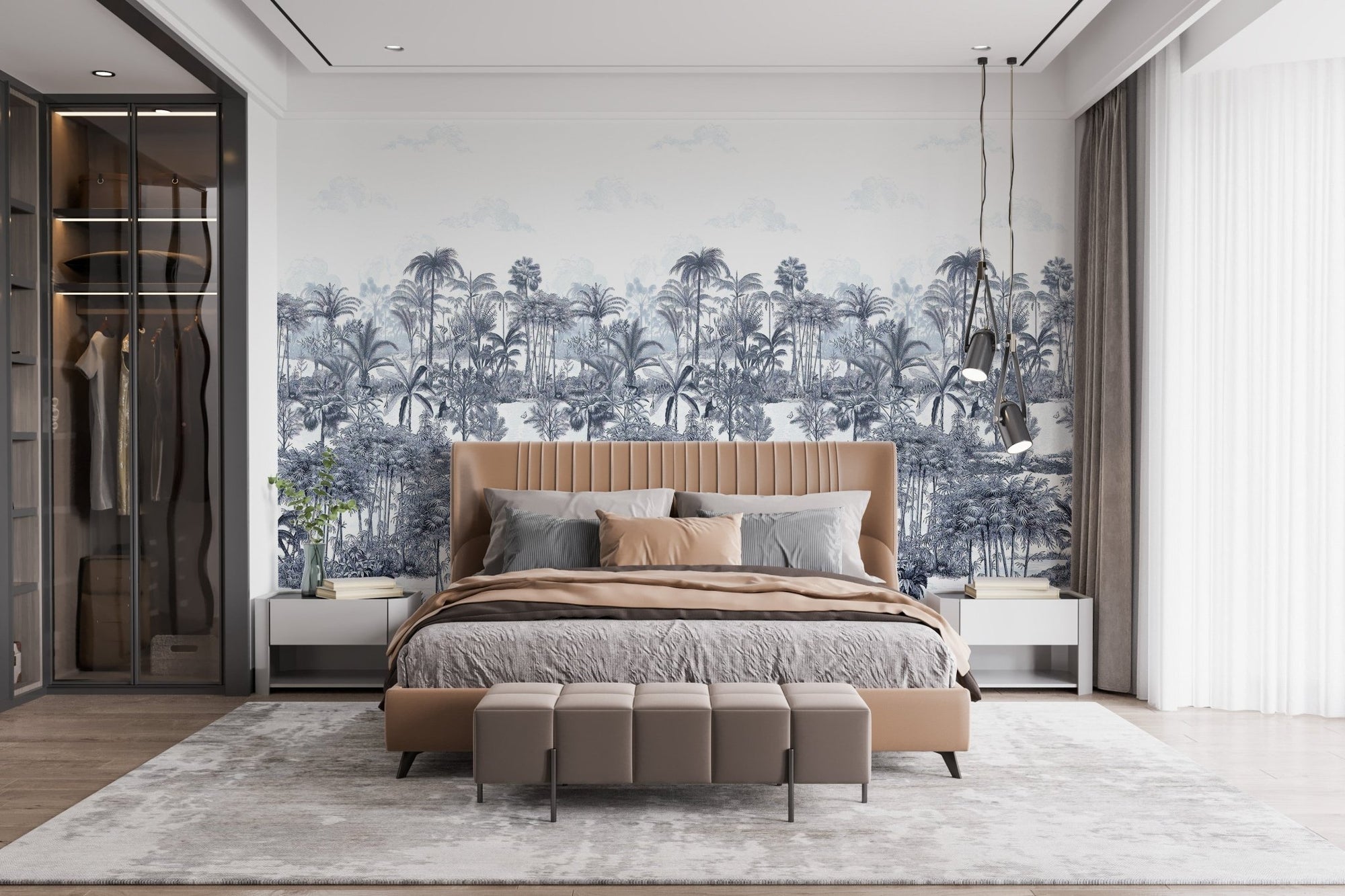 Blue shades palm trees wallpaper mural design A442

