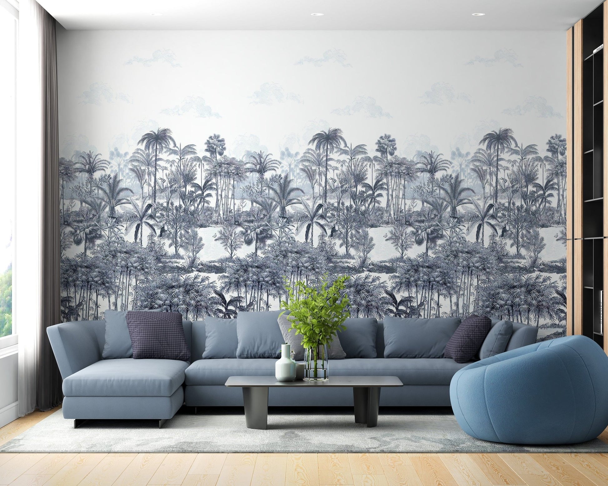 Serene blue palm trees wallpaper mural design A442 
